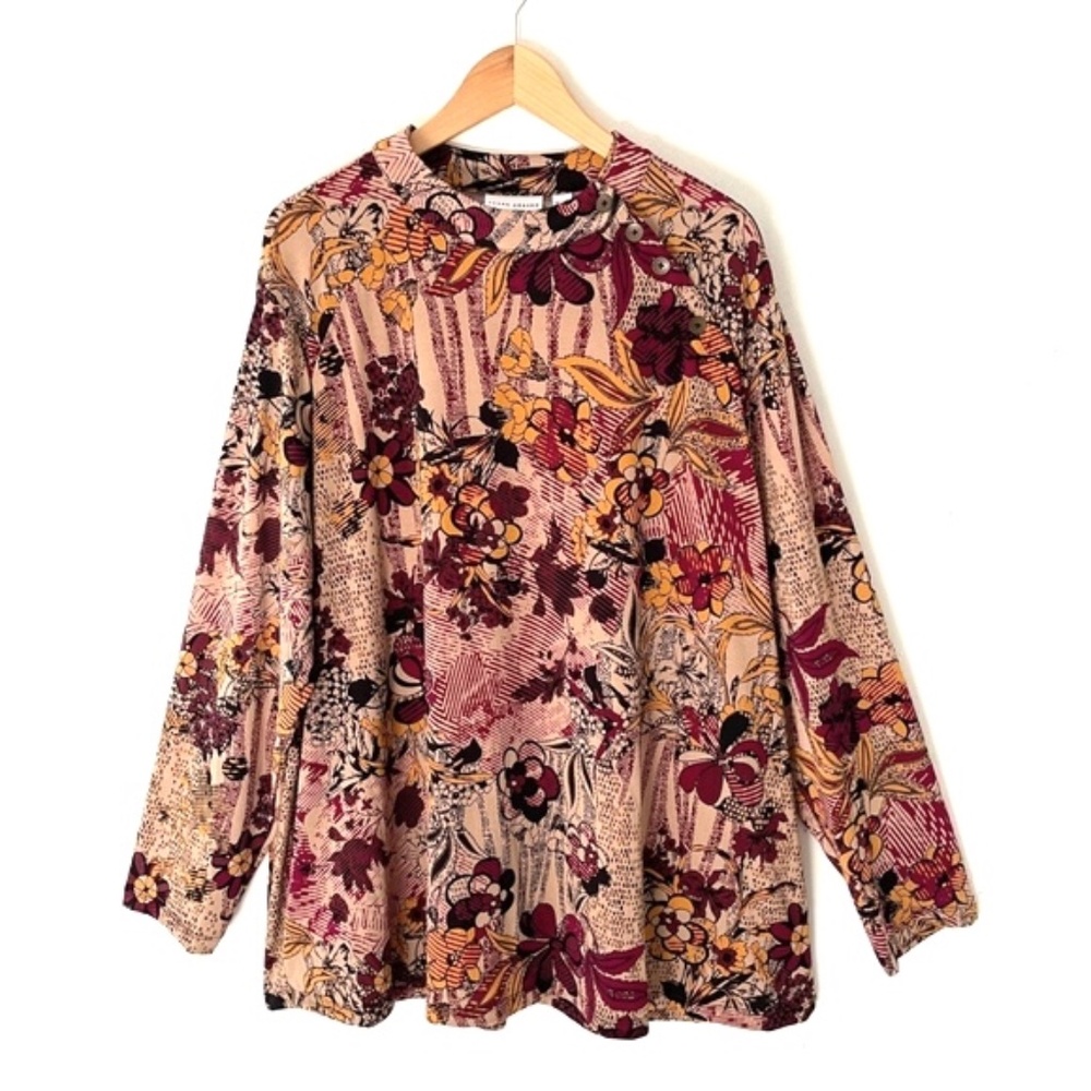 Susan Graver Floral Long Sleeve Mock Neck Tunic Top Blouse Shirt Stretch 3X